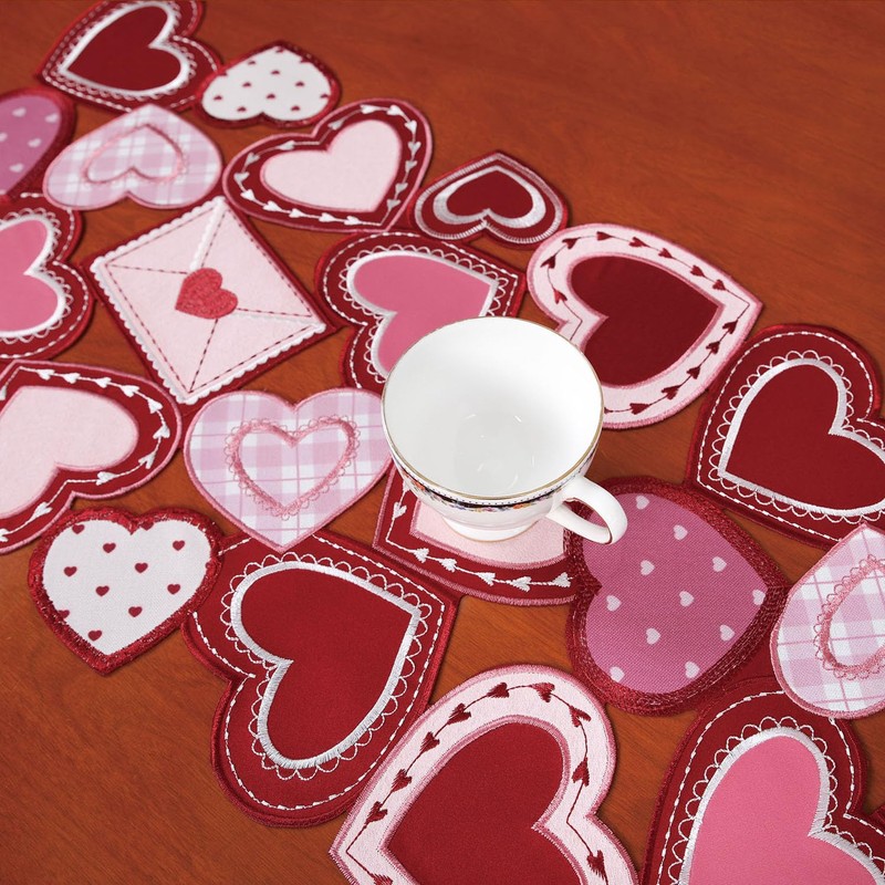 YINFUNG Valentines Table Runner Embroidered Heart Red Hot Pink 13x54IN