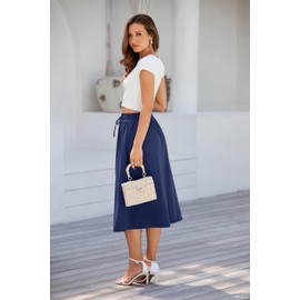 TASAMO Flowy Skirt Midi Length Elastic High Waist A-Line Skirt with Pockets Bohemia for Women Trendy Navy Blue