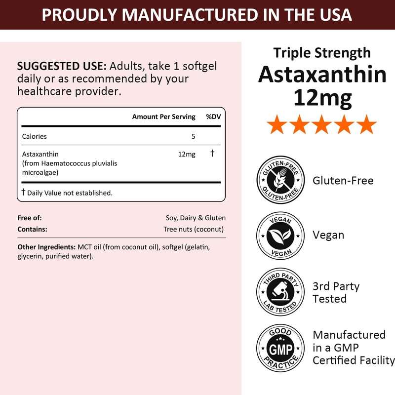 PhytoVital Astaxanthin 12mg with MCT Oil, 60 Softgels (2-Month Supply)