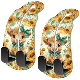 Blusabaca 2PCS Car Hooks for Purses Bags, Highland Cow Cattle Artwork Modern Seat Back Storage Headrest Holder Hanger PU Leather Double Metal Backseat Organizer, Women Car Accessories Organization