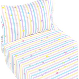 J-pinno Galaxy Stars Colourful Stripes Purple Yellow 100% Cotton Toddler Sheet Set for Kids Boys Girls, Flat Sheet Fitted Sheet and Pillowcase, Cozy Breathable Unisex Nursery School Crib Bedding Set
