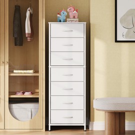 WLIVE White Tall Dresser for Bedroom, 7 Drawer Dressers & Chests of Drawers, Fabric Dresser for Closet, Living Room, Night Stand with Metal Frame, Storage Tower with Fabric Bins, Wood Top