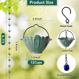 CBAXEAXM Rain Chains for Outside, 8.7FT Gutter Chain with 12 Lotus Cups Rain Catcher Chain Replacement Downspout for Gutters Eaves Drainage Decor, Bronze