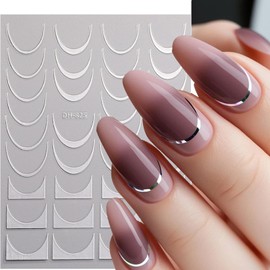 French Nail Stickers,U/V Shape Nail Art Sticker Decal Glitter French Nail Design for Women Manicute Easy DIY Manicure at Home,4 Sheets