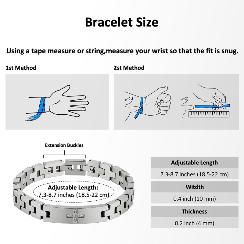Feifuli Men's Stainless Steel Bracelet 7.3-8.7 Inches Solid Thick Chain