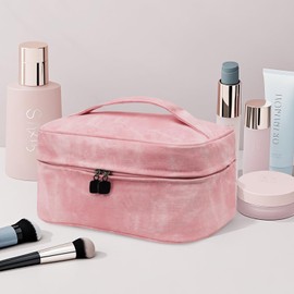 Fammio Cowboy Texture Makeup Bag for Women, Large Capacity Cosmetic Bags Toiletry Bag Travel Organizer, Stylish Pink Portable Pouch with Handle, Great Gifts for Women