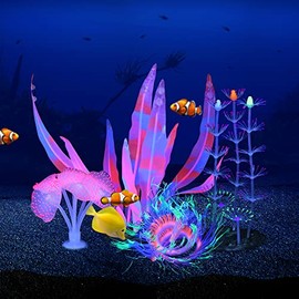 Filhome Glowing Fish Tank Decorations Plants, 4 pcs Glow Aquarium Decorations, Glowing Mushroom Coral Plant Ornaments (Pink Coral, Green Anemone, Purple Feather Coral,Pink kelp)