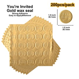 LINSO 200 Pieces “You're Invited” Round Embossed Foil Seals Embossed Alminum Foil Sticker Wax Seals for Wedding Invitations,Party Favors,Greeting Cards, DIY Decoration (Gold)