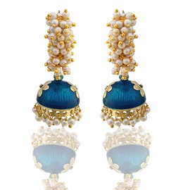 Moonstruck Golden Meenakari Jhumkas With White Pearls For Women (Green) (Blue)