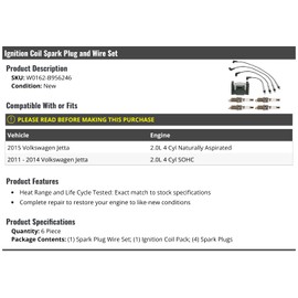 Marketplace Auto Parts Ignition Coil Spark Plugs and Wires Kit - 6 Piece - Compatible with 2011-2015 Volkswagen Jetta 2.0L 4-Cylinder