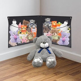 Foribyw Stuffed Animal Corner Storage 2-Compartment Stuffed Animal Organizer Net Foldable Wall Corner Plush Toy Hammock Hanging Mesh Bags for Bedroom Nursery Room(black)