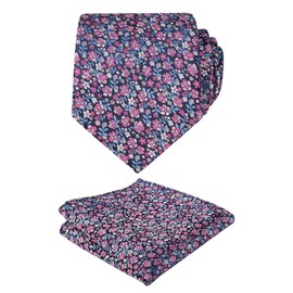 Alizeal Mens 3.15inches Exquisite Floral Tie with Small Flower Printed Pocket Square, Navy+Hot Pink
