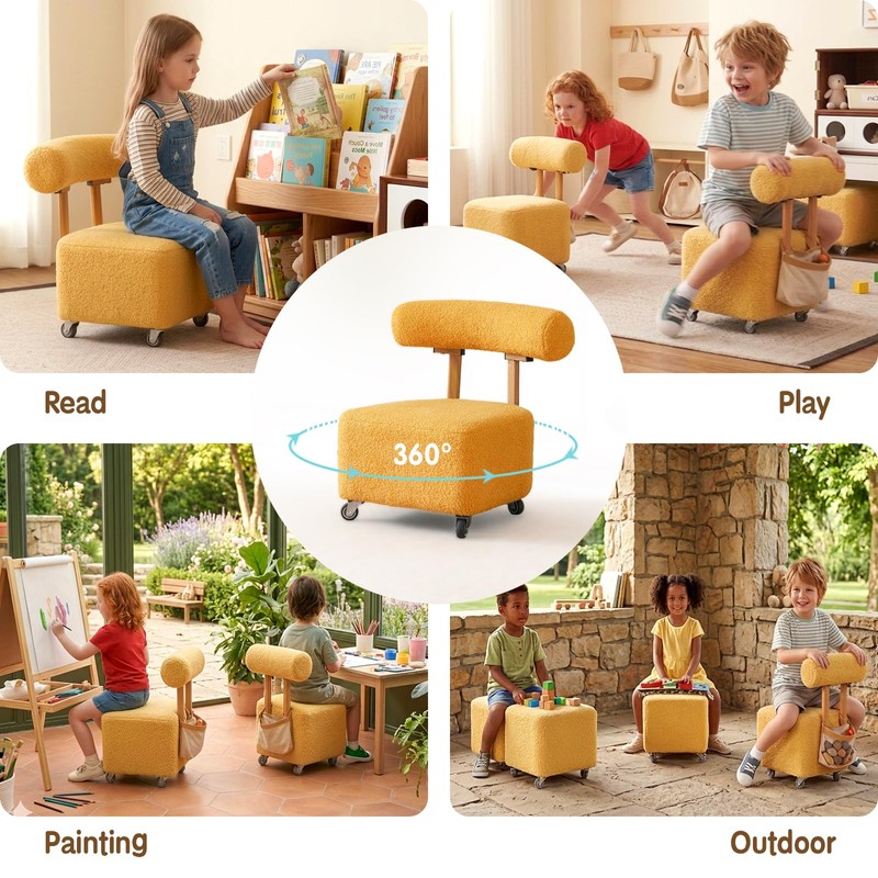Kids Rolling Stool with Backrest, Small Chair for Toddler Desk