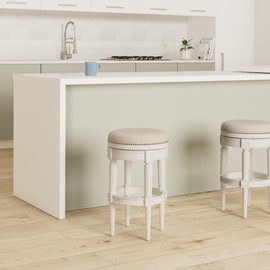 Maven Lane Pullman Wooden 180 Degree Swivel Backless 30" H Bar Stool Kitchen Chair with Nailhead Trim, Alabaster White Finish and Cream Fabric