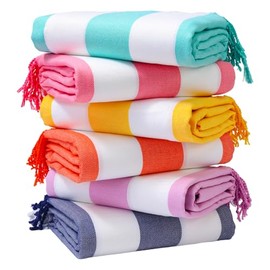 Genovega 6 Oversized Turkish Beach Bath Towel Set Bulk 74"x38" Extra Large Sand Free Quick Dry Swimming Camping Pool Clearance Towels Blanket Essentials Adult Multi Stripes Pink