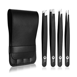 K5 International Eyebrow Tweezers for Women Professional Pointed Slant Precision Tweezer Set Stainless Steel for Ingrown Hair, Plucking, Facial Hair, Splinter with Leather Travel 4pc