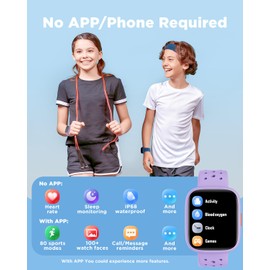 BIGGERFIVE Kids Smart Watch, 1.8" Fitness Watch Pedometer, Heart Rate, Sleep Tracker, IP68 Waterproof, Calorie Step Counter, Puzzle Games with/without APP for Girls Teens 5-16, Lilac
