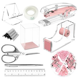 SUPEASY Rosa Desk Organisatoren und Zubehör Bürobedarf, 10pcs Set für Büro mit Hefter, Band-Spender, Stifte, Stifthalter, Telefonhalter, Band, Regel, 1 Box Hefter, Schere und 1 Box Clip