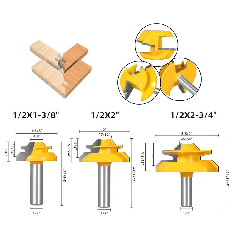 45 Degree Lock Miter Router Bit 3-Piece Set, for 31/64",