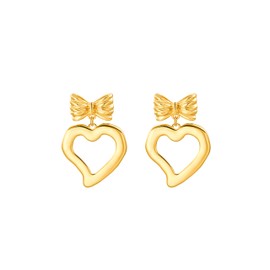 PEARLADA Cute 18k Gold Bow Earrings, Dangle Heart Earrings for Women, Chunky Statement Earrings