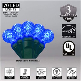 G12 LED Razzberry Blue Prelamped Light Set, Green Wire - 70 G12 Blue LED String Lights, 4" Spacing