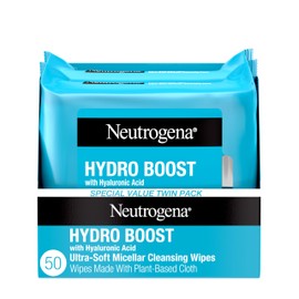 Neutrogena Hydro Boost Ultra-Soft Micellar Cleansing Wipes with Hyaluronic Acid, Hydrating Makeup Remover Wipes Remove Dirt & Waterproof Makeup, Hypoallergenic, Plant-Based Cloth, 2 x 25 ct