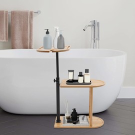 3-Tier Bathtub Tray Table, Bamboo Swivel and Height-Adjustable Side Table, Freestanding Bathroom Organizer with 360° Swivel Top, Kitchen, Living Room (Wooden, Modern)