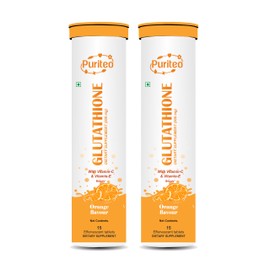 PURITEO PURITEO Glutathione 15 Effervescent Tablets with Vitamin C & E, for Clear Skin & Hydration, No Added Sugar, Orange Flavour - (15 Tablets, Pack of 2)