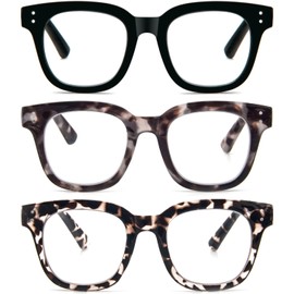 REAVEE 3 Pack Retro Oversized Reading Glasses for Women Blue Light Blocking Cute Stylish Large Frame Square Computer Readers Eye Protection with Spring Hinge,3.5