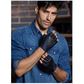 GSG SINCE 1998 Mens Fingerless Leather Driving Gloves Unlined Half Finger Gloves Black-Purple X-large