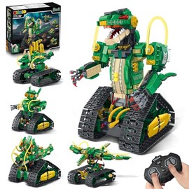 HiWEEGO RC Dinosaur Building Toy with Light, 5 in 1 Remote Controll Building Block Kit, 877 PCS Tech Dinosaur Robot Toys Easter Birthday for Kids Boys Age 8 9 10 11 12+