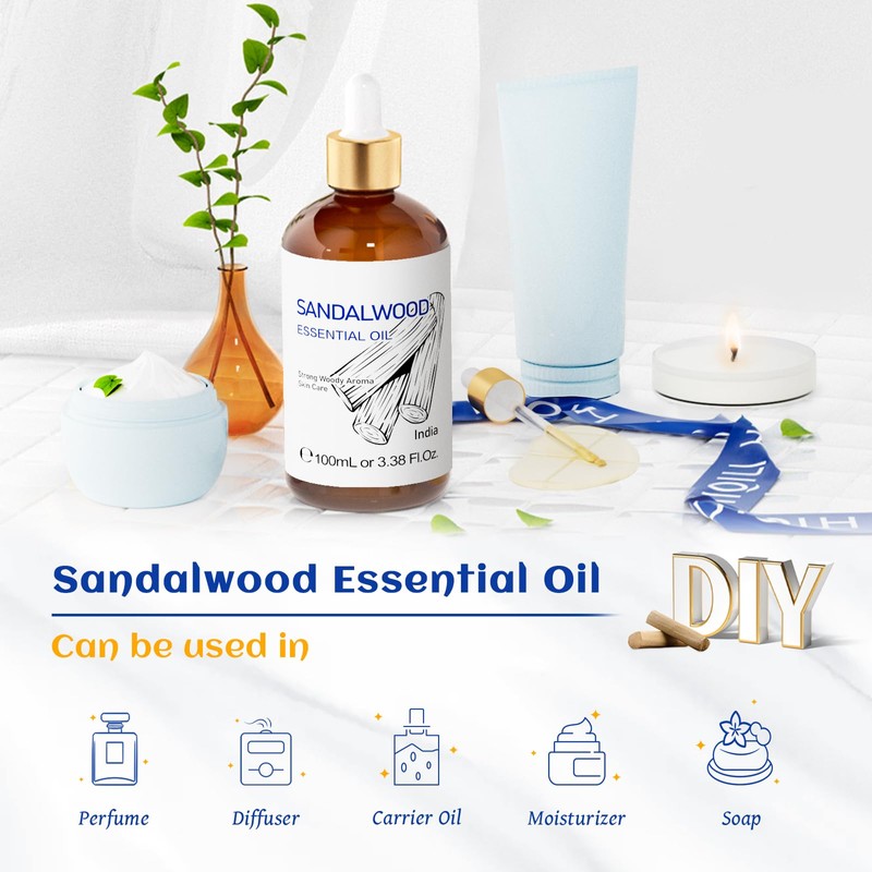 HIQILI Sandalwood Essential Oils, Long-Lasting Scent for Perfume, Diffuser, Soap