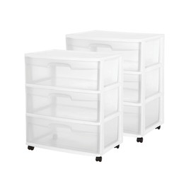 Sterilite 2-Pack 3-Drawer Wide Storage Organizer Cart, Rolling Container w/Wheels, White - Organizing Containers for Bathroom, Closet, Kitchen, and Bedroom