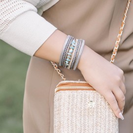 FANCY SHINY Turquoise Leather Wrap Bracelets Boho Beaded Cuff Bracelets Stackable Crystal Bangle with Magnetic Clasp Trendy Jewelry for Womend(Grey)