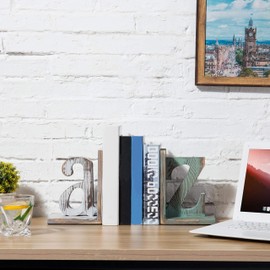 MyGift Vintage Wood Decorative Bookends Decorative White and Blue Alphabet A and Z Design, Home Office Desk Decor