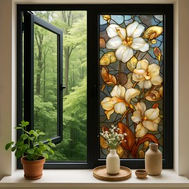 Frosted Privacy Window Film 17.5 x 38.3 Inches, Stained Glass White Floral Window Cling, Removable PVC Decorative Window Sticker for Glass Door, Bathroom, Bedroom, Kitchen (Vintage Light Gold Flora)