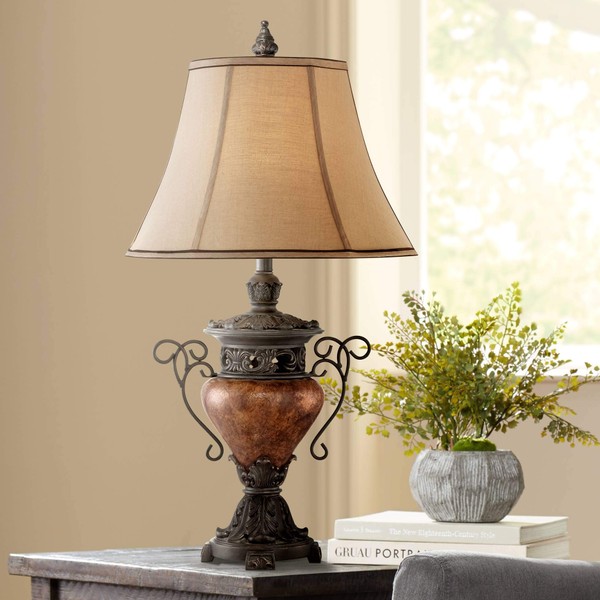 Traditional Style Table Lamp 31.5" Tall Bronze Brown Crackle Iron Metal Urn Faux Silk Bell Fabric Shade Decor for Living Room Bedroom House Bedside Nightstand Home Office - Regency Hill