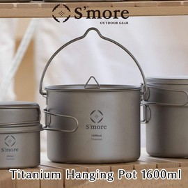 S'more Titanium Hanging Pot Titanium Mug Cup Camping Pot Camping Barbecue Hanging Pot Straight Fire Single Titanium Mug with Lid Ultra Lightweight Compact Folding Handle (1600ml)