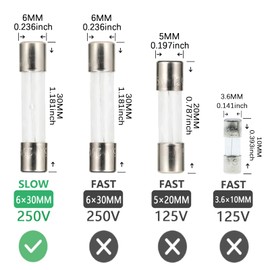AUKENIEN AUKENIEN 2A 2 Ampere 250V Tr?ge Glassicherung 6x30MM T2A Sicherungen Glasrohrsicherung Feinsicherung Traege Glas Sicherung