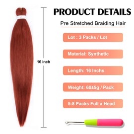 ADIASAI Ginger Braiding Hair Pre Stretched 16 Inch 3 Packs for Professional Hair Extensions, Hot Water Setting Yaki Texture Synthetic Hair(350#)