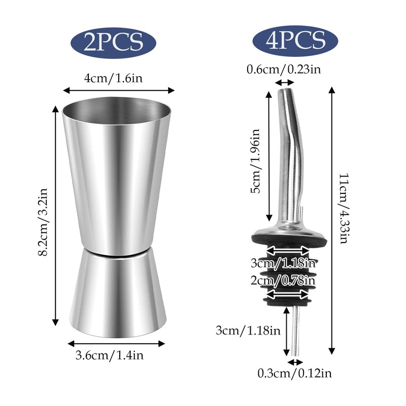 2 Pcs Spirit Measure with 4Pcs Bottle Pourers for Spirits,