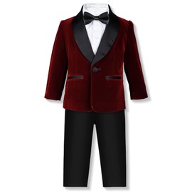 Boy's Tuxedo Formal Suit Set, Velvet Blazer Jacket, Shirt, Bow Tie and Dress Pants Dresswear, Burgundy, 3-4 Years = Tag 120