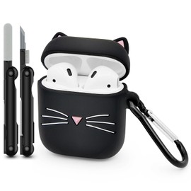Dumkery Cute Airpods Case, Whisker Cat Airpods 2 Case, 3D Animals Black Cat Kitty Airpods 1st Generation Case, Airpods 2nd Generation Shockproof Silicone Charging Case with Cleaner Kit and Carabiner