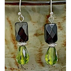 Silver Earrings with Black Glass Beads and Green Crystal Teardrops Jewelry Earrings for Women #3298FE3856