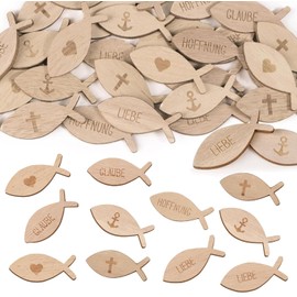 MOAZIFI Pack of 100 Wooden Fish Decorations, 3 Styles, Cross, Heart, Anchor, Double-Sided with Blessing Saying and Lucky Symbol, Confirmation Decoration, Communion Decoration, Christening Decoration,