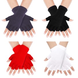 Sumfox 4 Pairs Black Fingerless Gloves for Women Men Unisex Half Finger Gloves Knit Gloves Winter Stretchy Gloves (Black, Red, Dark Grey, White)