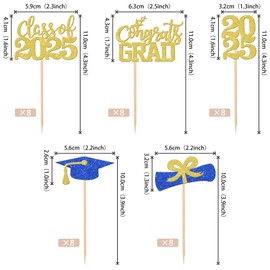 ZHUOWEISM 40 PCS 2025 Graduation Cupcake Toppers Glitter Congrats Grad 2025 Diploma Graduation Cap Cupcake Picks Multi-color Blue Gold