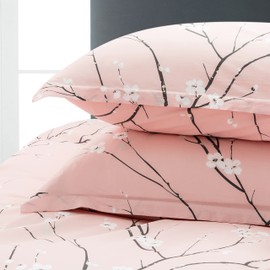 Sakura Blossom Japanese Oriental Style Cherry Almond Bloom Floral branches Print Duvet Cover 400tc Cotton Chinoiserie Chic Bedding 3 piece Set Palatial King 120x98" (Super King, Light Rose)
