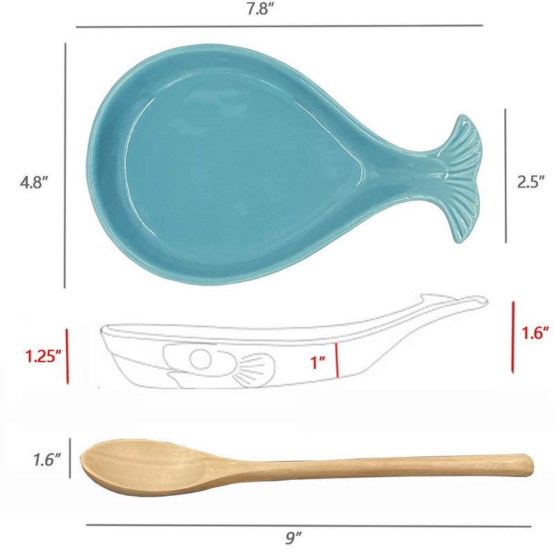 Ceramic Spoon Rest for Kitchen with Wooden Spoon, Whale Shape,