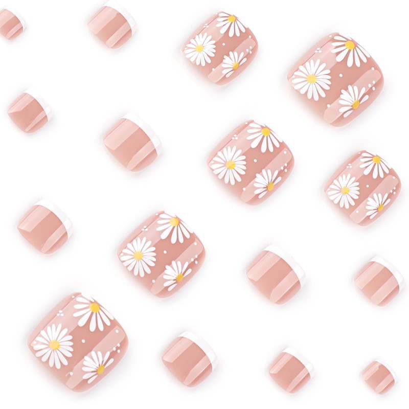 GlamRays Press-on Toenails Nude White False Toenails with Daisy Designs
